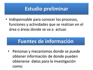 Estudio preliminar
• Indispensable para conocer los procesos,
funciones y actividades que se realizan en el
área o áreas donde se va a actuar.
Fuentes de información
• Personas y mecanismos donde se puede
obtener información de donde pueden
obtenerse datos para la investigación
como:
 