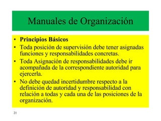 Manuales de Organización Principios Básicos Toda posición de supervisión debe tener asignadas funciones y responsabilidades concretas. Toda Asignación de responsabilidades debe ir acompañada de la correspondiente autoridad para ejercerla. No debe quedad incertidumbre respecto a la definición de autoridad y responsabilidad con relación a todas y cada una de las posiciones de la organización. 21 
