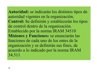 Autoridad:  se indicarán los distintos tipos de autoridad vigentes en la organización.  Control:  Se definirán y establecerán los tipos de control dentro de la organización. Establecido por la norma IRAM 34510  Misiones y Funciones:  se enunciarán las funciones de cada uno de los entes de la organización y se definirán sus fines, de acuerdo a lo indicado por la norma IRAM 34.511 25 
