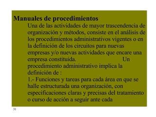 Manuales de procedimientos Una de las actividades de mayor trascendencia de organización y métodos, consiste en el análisis de los procedimientos administrativos vigentes o en la definición de los circuitos para nuevas empresas y/o nuevas actividades que encare una empresa constituida. Un procedimiento administrativo implica la definición de : 1.- Funciones y tareas para cada área en que se halle estructurada una organización, con especificaciones claras y precisas del tratamiento o curso de acción a seguir ante cada 31 