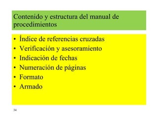 Contenido y estructura del manual de procedimientos Índice de referencias cruzadas Verificación y asesoramiento Indicación de fechas Numeración de páginas Formato Armado 34 