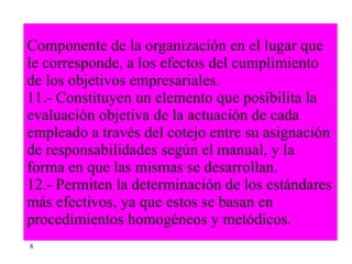Componente de la organización en el lugar que le corresponde, a los efectos del cumplimiento de los objetivos empresariales. 11.- Constituyen un elemento que posibilita la evaluación objetiva de la actuación de cada empleado a través del cotejo entre su asignación de responsabilidades según el manual, y la forma en que las mismas se desarrollan. 12.- Permiten la determinación de los estándares más efectivos, ya que estos se basan en procedimientos homogéneos y metódicos. 8 