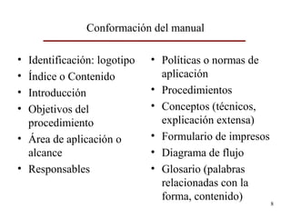Conformación del manual
• Identificación: logotipo
• Índice o Contenido
• Introducción
• Objetivos del
procedimiento
• Área de aplicación o
alcance
• Responsables
• Políticas o normas de
aplicación
• Procedimientos
• Conceptos (técnicos,
explicación extensa)
• Formulario de impresos
• Diagrama de flujo
• Glosario (palabras
relacionadas con la
forma, contenido)
8
 