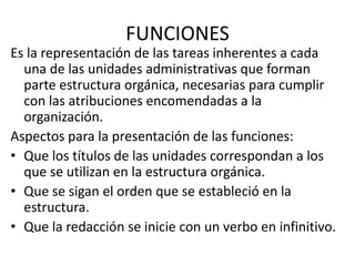 FUNCIONES
Es la representación de las tareas inherentes a cada
una de las unidades administrativas que forman
parte estructura orgánica, necesarias para cumplir
con las atribuciones encomendadas a la
organización.
Aspectos para la presentación de las funciones:
• Que los títulos de las unidades correspondan a los
que se utilizan en la estructura orgánica.
• Que se sigan el orden que se estableció en la
estructura.
• Que la redacción se inicie con un verbo en infinitivo.
 