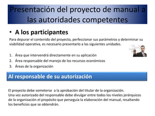 Presentación del proyecto de manual a
las autoridades competentes
• A los participantes
Para depurar el contenido del proyecto, perfeccionar sus parámetros y determinar su
viabilidad operativa, es necesario presentarlo a las siguientes unidades.
1. Área que intervendrá directamente en su aplicación
2. Área responsable del manejo de los recursos económicos
3. Áreas de la organización
Al responsable de su autorización
El proyecto debe someterse a la aprobación del titular de la organización.
Una vez autorizado del responsable debe divulgar entre todos los niveles jerárquicos
de la organización el propósito que perseguía la elaboración del manual, resaltando
los beneficios que se obtendrán.
 