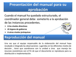 Presentación del manual para su
aprobación
Cuando el manual ha quedado estructurado, el
coordinador general debe someterlo a la aprobación
de las instancias procedentes.
 A los niveles directivos
 Al órgano de gobierno
 A otros niveles jerárquicos
Reproducción del manual
Una vez que el equipo responsable de la elaboración del manual haya
recabado e integrado las observaciones sugeridas en los diferentes niveles de
decisión , tiene que coordinarse con la unidad o área que maneja los
recursos económicos con el fin de que el documento se reproduzca para su
distribución e implementación.
 