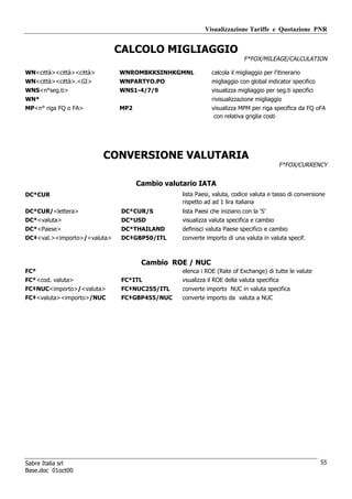 Visualizzazione Tariffe e Quotazione PNR


                              CALCOLO MIGLIAGGIO
                                                                         F*FOX/MILEAGE/CALCULATION

WN<città><città><città>       WNROMBKKSINHKGMNL             calcola il migliaggio per l’itinerario
WN<città><città>.<GI>         WNPARTYO.PO                   migliaggio con global indicator specifico
WNS<n°seg.ti>                 WNS1-4/7/9                    visualizza migliaggio per seg.ti specifici
WN*                                                         rivisualizzazione migliaggio
MP<n° riga FQ o FA>           MP2                           visualizza MPM per riga specifica da FQ oFA
                                                             con relativa griglia costi




                          CONVERSIONE VALUTARIA
                                                                                          F*FOX/CURRENCY


                                    Cambio valutario IATA
DC*CUR                                          lista Paesi, valuta, codice valuta e tasso di conversione
                                                rispetto ad ad 1 lira italiana
DC*CUR/<lettera>               DC*CUR/S         lista Paesi che iniziano con la ‘S’
DC*<valuta>                    DC*USD           visualizza valuta specifica e cambio
DC*<Paese>                     DC*THAILAND      definisci valuta Paese specifico e cambio
DC‡<val.><importo>/<valuta>    DC‡GBP50/ITL     converte importo di una valuta in valuta specif.



                                     Cambio ROE / NUC
FC*                                             elenca i ROE (Rate of Exchange) di tutte le valute
FC*<cod. valuta>               FC*ITL           vsualizza il ROE della valuta specifica
FC‡NUC<importo>/<valuta>       FC‡NUC255/ITL    converte importo NUC in valuta specifica
FC‡<valuta><importo>/NUC       FC‡GBP455/NUC    converte importo da valuta a NUC




Sabre Italia srl                                                                                         55
Base.doc 01oct00
 