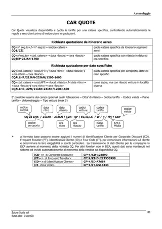 Autonoleggio


                                                   CAR QUOTE
Car Quote visualizza disponibilità e quota le tariffe per una catena specifica, controllando automaticamente le
regole e restrizioni prima di evidenziare le quotazioni.


                                     Richiesta quotazione da itinerario aereo
CQ<n° seg.to>/<n° seg.to><codice catena>                               quota catena specifica da itinerario segmenti
CQ1/2ZI                                                                aerei
CQ<n°seg.to><cod. catena>-<data rilascio>-<ora rilascio>               quota catena specifica con rilascio in data ed
CQ3EP-23JAN-1700                                                       ora specifica

                                     Richiesta quotazione per date specifiche
CQ<cod. catena><cod.APT>/<data ritiro>-<data rilascio>/                quota catena specifica per aeroporto, date ed
<ora ritiro>-<ora rilascio>                                            orari specifici
CQALLHR/21JAN-23JAN/1200-1600
CQ<cod. catena><cod.APT>-<local. rilascio>/<data ritiro>-              come sopra, ma con rilascio vettura in località
<data rilascio>/<ora ritiro>-<ora rilascio>                            diversa
CQALLHR-LGW/21JAN-23JAN/1200-1600


E’ possibile inserire dei campi opzionali quali Ubicazione – Citta’ di rilascio – Codice tariffa - Codice valuta – Piano
tariffa – chilometraggio – Tipo vettura (max 5)

       codice               data          data            codici          codice
       catena                                                                                     codice
                            ritiro        rilascio        vetture         tariffa                 valuta
           CQ ZI LHR / 21JAN - 23JAN / 12N - 6P / EC,IC,LC / W / P / FM ‡ GBP

                codice                    ora        ora                  piano          KM o
                aeroporto                 ritiro     rilascio             tariffe        Miglia



       al formato base possono essere aggiunti i numeri di identificazione Cliente per Corporate Discount (CD),
       Frequent Traveler (FT), Identificativo Cliente (ID) e Tour Code (IT), per comunicare informazioni sul cliente
       e determinare la loro eleggibilità a sconti particolari. La trasmissione di dati Cliente per le compagnie in
       DCA avviene al momento della richiesta CQ. Per altri fornitori non in DCA, questi dati sono mantenuti nel
       sistema ed inviati automaticamente al momento della vendita da disponibilità CQ.
                    /CD-<n di Corporate Discount>               CF*4/CD-123890
                    /FT-<n di Frequent Traveler>                CF*4/FT-DL222555999
                    /ID-<n di Identificativo Cliente>           CF*4/ID-A7654
                    /IT-<tour code>                             CF*4/IT-US13333




Sabre Italia srl                                                                                                        81
Base.doc 01oct00
 