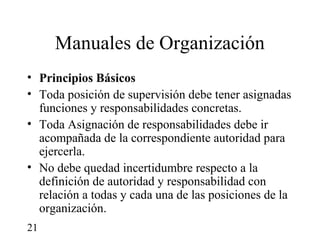 Manuales de Organización
• Principios Básicos
• Toda posición de supervisión debe tener asignadas
  funciones y responsabilidades concretas.
• Toda Asignación de responsabilidades debe ir
  acompañada de la correspondiente autoridad para
  ejercerla.
• No debe quedad incertidumbre respecto a la
  definición de autoridad y responsabilidad con
  relación a todas y cada una de las posiciones de la
  organización.
21
 
