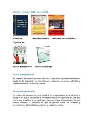 Clases de manuales según su contenido




Manual de               Manual de Políticas     Manual de Procedimientos

Organización




Manual de Instructivo     Manual de Técnicas



Manual de Organización

Su propósito es exponer en forma detallada la estructura organizacional formal a
través de la descripción de los objetivos, relaciones, funciones, autoridad y
responsabilidad de los distintos puestos.



Manual de Procedimiento

Su objetivo es expresar en forma analítica los procedimientos administrativos a
través de los cuales se canaliza la actividad operativa del organismo. Es una guía
con la que se explica al personal cómo hacer las cosas, el seguimiento de este
manual aumenta la confianza en que el personal utilice los sistemas y
procedimientos administrativos prescritos al realizar su trabajo.
 