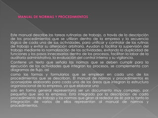 Este manual describe las tareas rutinarias de trabajo, a través de la descripción
de los procedimientos que se utilizan dentro de la empresa y la secuencia
lógica de cada una de sus actividades, para unificar y controlar de las rutinas
de trabajo y evitar su alteración arbitraria. Ayudan a facilitar la supervisión del
trabajo mediante la normalización de las actividades, evitando la duplicidad de
funciones y los pasos innecesarios dentro de los procesos, facilitan la labor de la
auditoría administrativa, la evaluación del control interno y su vigilancia.
Contiene un texto que señala las normas que se deben cumplir para la
ejecución de las actividades que integran los procesos, se complementa con
diagramas de flujo, así
como las formas y formularios que se emplean en cada uno de los
procedimientos que se describan. El manual de normas y procedimientos es
aconsejable elaborarlo para cada una de las áreas que integran la estructura
organizacional de la empresa, ya que elaborar uno
solo en forma general representaría ser un documento muy complejo, por
pequeña que sea la empresa. Está integrado por la descripción de cada
procedimiento de trabajo y las normas que giran al rededor de él; por lo tanto la
integración de varios de ellos representan al manual de normas y
procedimientos.

 