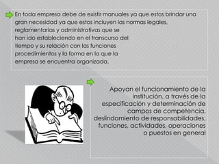 En toda empresa debe de existir manuales ya que estos brindar una
gran necesidad ya que estos incluyen las normas legales,
reglamentarias y administrativas que se
han ido estableciendo en el transcurso del
tiempo y su relación con las funciones
procedimientos y la forma en la que la
empresa se encuentra organizada.
Apoyan el funcionamiento de la
institución, a través de la
especificación y determinación de
campos de competencia,
deslindamiento de responsabilidades,
funciones, actividades, operaciones
o puestos en general
 