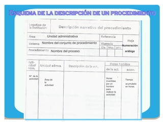 Esquema de la descripción de un procedimiento Unidad administrativa Nombre del conjunto de procedimiento Nombre del proceso Numeración  arábiga   Nº  de la actividad Área de la actividad Horas  invertidas por un hombre  para realizar la actividad Tiempo acumulado en horas. 