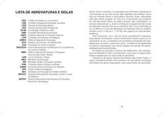 LISTA DE ABREVIATURAS E SIGLAS
CDC
CEE
CEB
CEP
CF/88
CME
CNPJ
CPA
DIREC
ECA
EJA
ENCCEJA
.........
INEP
.........
LDB
MEC
MP
OGE
OGMS
PPP
SEC
SECULT
.........
SISTEC
Código de Defesa do Consumidor
Conselho Estadual de Educação da Bahia
Câmara de Educação Básica
Câmara de Educação Proﬁssional
Constituição Federal de 1988
Conselho Municipal de Educação
Cadastro Nacional de Pessoas Jurídicas
Comissão Permanente de Avaliação
Diretoria Regional de Educação
Estatuto da Criança e do Adolescente
Educação de Jovens e Adultos
Exame Nacional para Certiﬁcação de Competências
de Jovens e Adultos
Instituto Nacional de Estudos e Pesquisas
Educacionais Anísio Teixeira
Lei de Diretrizes e Bases
Ministério da Educação
Ministério Público do Estado da Bahia
Ouvidoria Geral do Estado da Bahia
Ouvidoria Geral do Município do Salvador
Projeto Político Pedagógico
Secretaria de Educação do Estado da Bahia
Secretaria Municipal de Educação, Cultura e Lazer
do Salvador
Sistema Nacional de Informações da Educação
Nacional e Tecnológica
29
danos morais e materiais, os estudantes que enfrentaram obstáculos à
comprovação da sua vida escolar, além daqueles que sofreram outros
tipos de entraves devido a essa prática. Buscará, ainda, indenização
pelo dano difuso causado, em face dos consumidores que poderiam
ter sido lesionados diante da prática abusiva caso contratassem os
serviços educacionais, e, ainda, condenação ao pagamento das custas
processuais e demais ônus da sucumbência, bem como multa diária, a
ser recolhida ao Fundo de Reparação de Interesses Difusos Lesados,
previsto no art. 13 da Lei nº. 7.347/85, sem prejuízo do crime de deso-
bediência.
O(a) Promotor(a), com o ﬁto de instruir procedimento instaurado,
deve solicitar informações à Junta Comercial do Estado quanto ao ar-
quivamento de atos constitutivos da sociedade empresarial pelo esta-
belecimento de ensino, veriﬁcando, assim, a existência da regularidade
do exercício empresarial, que, sendo irregular, terá sanção de respon-
sabilidade patrimonial ilimitada.
No âmbito da proteção à criança e ao adolescente, o(a) represen-
tante do Ministério Público encaminhará o caso para os órgãos habili-
tados à regularização da vida escolar do estudante.
Tratando-se de serviço educacional ofertado pelo Poder Público, o
órgão competente também será acionado, em decorrência da violação
dos direitos dos alunos matriculados para cursar ensino não autorizado.
 