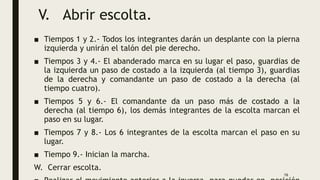 V. Abrir escolta.
■ Tiempos 1 y 2.- Todos los integrantes darán un desplante con la pierna
izquierda y unirán el talón del pie derecho.
■ Tiempos 3 y 4.- El abanderado marca en su lugar el paso, guardias de
la izquierda un paso de costado a la izquierda (al tiempo 3), guardias
de la derecha y comandante un paso de costado a la derecha (al
tiempo cuatro).
■ Tiempos 5 y 6.- El comandante da un paso más de costado a la
derecha (al tiempo 6), los demás integrantes de la escolta marcan el
paso en su lugar.
■ Tiempos 7 y 8.- Los 6 integrantes de la escolta marcan el paso en su
lugar.
■ Tiempo 9.- Inician la marcha.
W. Cerrar escolta.
16
 