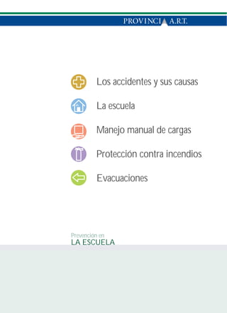 Los accidentes y sus causas

         La escuela

         Manejo manual de cargas

         Protección contra incendios

         Evacuaciones




Prevención en
LA ESCUELA
 