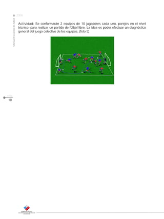 Manual Escuelas de fútbol

2008

pág.
18

CLASE
Actividad: Se conformarán 2 equipos de 10 jugadores cada uno, parejos en el nivel
técnico, para realizar un partido de fútbol libre. La idea es poder efectuar un diagnóstico
general del juego colectivo de los equipos, (foto 5).

 