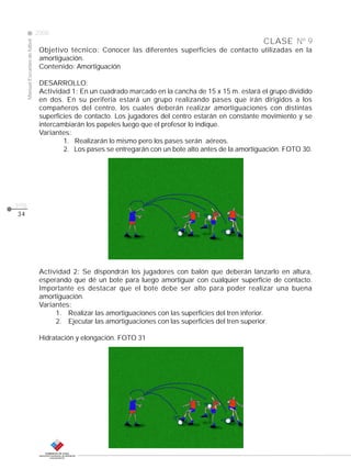Manual Escuelas de fútbol

2008

CLASE Nº 9
Objetivo técnico: Conocer las diferentes superficies de contacto utilizadas en la
amortiguación.
Contenido: Amortiguación
DESARROLLO:
Actividad 1: En un cuadrado marcado en la cancha de 15 x 15 m. estará el grupo dividido
en dos. En su periferia estará un grupo realizando pases que irán dirigidos a los
compañeros del centro, los cuales deberán realizar amortiguaciones con distintas
superficies de contacto. Los jugadores del centro estarán en constante movimiento y se
intercambiarán los papeles luego que el profesor lo indique.
Variantes:
1. Realizarán lo mismo pero los pases serán aéreos.
2. Los pases se entregarán con un bote alto antes de la amortiguación. FOTO 30.

pág.
34

Actividad 2: Se dispondrán los jugadores con balón que deberán lanzarlo en altura,
esperando que dé un bote para luego amortiguar con cualquier superficie de contacto.
Importante es destacar que el bote debe ser alto para poder realizar una buena
amortiguación.
Variantes:
1. Realizar las amortiguaciones con las superficies del tren inferior.
2. Ejecutar las amortiguaciones con las superficies del tren superior.
Hidratación y elongación. FOTO 31

 