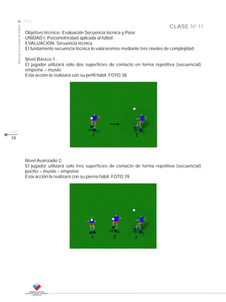 Manual Escuelas de fútbol

2008

CLASE Nº 11
Objetivo técnico: Evaluación Secuencia técnica y Pase
UNIDAD I: Psicomotricidad aplicada al fútbol.
EVALUACIÓN: Secuencia técnica
El fundamento secuencia técnica lo valoraremos mediante tres niveles de complejidad:
Nivel Básico 1:
El jugador utilizará sólo dos superficies de contacto en forma repetitiva (secuencial)
empeine – muslo.
Esta acción la realizará con su perfil hábil. FOTO 38.

pág.
38

Nivel Avanzado 2:
El jugador utilizará solo tres superficies de contacto de forma repetitiva (secuencial)
pecho – muslo – empeine
Esta acción la realizará con su pierna hábil. FOTO 39.

 