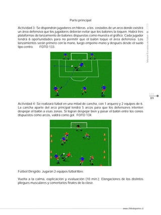 Actividad 3: Se dispondrán jugadores en hileras a los costados de un arco donde existirá
un área defensiva que los jugadores deberán evitar que los balones la toquen. Habrá tres
plataformas de lanzamiento de balones dispuestas como muestra el gráfico. Cada jugador
tendrá 6 oportunidades para no permitir que el balón toque el área defensiva. Los
lanzamientos serán primero con la mano, luego empeine-mano y después desde el suelo
tipo centro.
FOTO 133.

2008

CLASE

Manual Escuelas de fútbol

Parte principal

pág.
89

Actividad 4: Se realizará fútbol en una mitad de cancha, con 1 arquero y 2 equipos de 6.
La cancha aparte del arco principal tendrá 5 arcos para que los defensores intenten
despejar el balón a esas zonas. Si logran despejar bien y pasar el balón entre los conos
dispuestos como arcos, valdrá como gol. FOTO 134.

Fútbol Dirigido: Jugarán 2 equipos fútbol libre.
Vuelta a la calma, explicación y evaluación (10 min.): Elongaciones de los distintos
pliegues musculares y comentarios finales de la clase.

www.chiledeportes.cl

 