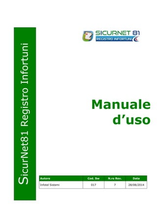 SicurNet81 Registro Infortuni 
Manuale 
d’uso 
Autore Cod. Sw N.ro Rev. Data 
Infotel Sistemi 017 7 28/08/2014 
 