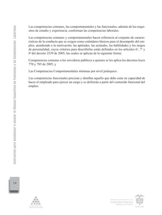 Instructivo para establecer o ajustar el Manual Específico de Funciones y de Competencias Laborales


                                                                                                      Las competencias comunes, las comportamentales y las funcionales, además de los requi-
                                                                                                      sitos de estudio y experiencia, conforman las competencias laborales.

                                                                                                      Las competencias comunes y comportamentales hacen referencia al conjunto de caracte-
                                                                                                      rísticas de la conducta que se exigen como estándares básicos para el desempeño del em-
                                                                                                      pleo, atendiendo a la motivación, las aptitudes, las actitudes, las habilidades y los rasgos
                                                                                                      de personalidad, cuyos criterios para describirlas están definidos en los artículos 6o, 7o y
                                                                                                      8o del decreto 2539 de 2005, las cuales se aplican de la siguiente forma:

                                                                                                      Competencias comunes a los servidores públicos a quienes se les aplica los decretos leyes
                                                                                                      770 y 785 de 2005, y

                                                                                                      Las Competencias Comportamentales mínimas por nivel jerárquico.

                                                                                                      Las competencias funcionales precisan y detallan aquello que debe estar en capacidad de
                                                                                                      hacer el empleado para ejercer un cargo y se definirán a partir del contenido funcional del
                                                                                                      empleo.




         14



                                                                                                                                                                      Departamento Administrativo de la

                                                                                                                                                                      FUNCIÓN PÚBLICA
                                                                                                                                                                              República de Colombia
 