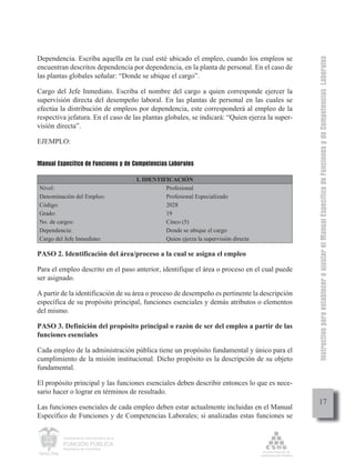 Instructivo para establecer o ajustar el Manual Específico de Funciones y de Competencias Laborales
Dependencia. Escriba aquella en la cual esté ubicado el empleo, cuando los empleos se
encuentran descritos dependencia por dependencia, en la planta de personal. En el caso de
las plantas globales señalar: “Donde se ubique el cargo”.

Cargo del Jefe Inmediato. Escriba el nombre del cargo a quien corresponde ejercer la
supervisión directa del desempeño laboral. En las plantas de personal en las cuales se
efectúa la distribución de empleos por dependencia, este corresponderá al empleo de la
respectiva jefatura. En el caso de las plantas globales, se indicará: “Quien ejerza la super-
visión directa”.

EJEMPLO:


Manual Específico de Funciones y de Competencias Laborales

                                             I. IDENTIFICACIÓN
Nivel:                                                 Profesional
Denominación del Empleo:                               Profesional Especializado
Código:                                                2028
Grado:                                                 19
No. de cargos:                                         Cinco (5)
Dependencia:                                           Donde se ubique el cargo
Cargo del Jefe Inmediato:                              Quien ejerza la supervisión directa

PASO 2. Identificación del área/proceso a la cual se asigna el empleo

Para el empleo descrito en el paso anterior, identifique el área o proceso en el cual puede
ser asignado.

A partir de la identificación de su área o proceso de desempeño es pertinente la descripción
específica de su propósito principal, funciones esenciales y demás atributos o elementos
del mismo.

PASO 3. Definición del propósito principal o razón de ser del empleo a partir de las
funciones esenciales

Cada empleo de la administración pública tiene un propósito fundamental y único para el
cumplimiento de la misión institucional. Dicho propósito es la descripción de su objeto
fundamental.

El propósito principal y las funciones esenciales deben describir entonces lo que es nece-
sario hacer o lograr en términos de resultado.
                                                                                                     17
Las funciones esenciales de cada empleo deben estar actualmente incluidas en el Manual
Específico de Funciones y de Competencias Laborales; si analizadas estas funciones se

         Departamento Administrativo de la

         FUNCIÓN PÚBLICA
         República de Colombia
 