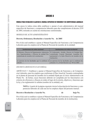 ANEXO 3
Instructivo para establecer o ajustar el Manual Específico de Funciones y de Competencias Laborales




                                                                                                      MODELO PARA ESTABLECER O AJUSTAR EL MANUAL ESPECÍFICO DE FUNCIONES Y DE COMPETENCIAS LABORALES

                                                                                                      Este anexo le indica cómo debe establecer o ajustar el acto administrativo del manual
                                                                                                      específico de funciones y competencias laborales para dar cumplimiento al decreto 2539
                                                                                                      de 2005, teniendo en cuenta las orientaciones suministradas.

                                                                                                      MODELO DE ACTO ADMINISTRATIVO

                                                                                                      Decreto, Ordenanza, Resolución o Acuerdo No.                de 2005

                                                                                                      Por el (la) cual establece o ajusta el Manual Específico de Funciones y de Competencias
                                                                                                      Laborales para los empleos de la Planta de Personal de (nombre de la entidad)

                                                                                                              Instituciones de orden nacional                    Instituciones de orden territorial
                                                                                                      El Ministro, Director de Departamento Administra- El Gobernador, Alcalde, Director de Entidad Des-
                                                                                                      tivo, Superintendente, o Director de entidad Des- centralizada, Concejo Municipal, Asamblea De-
                                                                                                      centralizada de (nombre de la institución).       partamental o la Junta Directiva de (nombre de la
                                                                                                                                                        institución).
                                                                                                      en ejercicio de las facultades que le confieren el en ejercicio de las facultades que le confieren los
                                                                                                      artículo ....                                      artículos 13 y 28 del Decreto Ley 785 de 2005.

                                                                                                      DECRETA (RESUELVE O ACUERDA):

                                                                                                      ARTÍCULO 1o. Establecer o ajustar el Manual Específico de Funciones y de Competen-
                                                                                                      cias Laborales, para los empleos que conforman el Plan Anual de Vacantes contempladas
                                                                                                      en la planta de personal de (nombre de la entidad) fijada por el (Acto Administrativo de
                                                                                                      Planta No. de fecha), cuyas funciones deberán ser cumplidas por los funcionarios con
                                                                                                      criterios de eficiencia y eficacia en orden al logro de la misión, objetivos y funciones que
                                                                                                      la ley y los reglamentos le señalan (nombre de la entidad), así:

                                                                                                               NOTA: A partir de la página siguiente iniciar la descripción de funciones y com-
                                                                                                               petencias laborales de cada uno de los empleos objeto del presente manual.

                                                                                                      Decreto o Resolución o Acuerdo No.                                  de                         hoja No.

                                                                                                      Por el (la) cual se establece o ajusta el Manual Específico de Funciones y de Competencias
                                                                                                      Laborales para los empleos de la Planta de Personal de (nombre de la institución).


         30



                                                                                                                                                                             Departamento Administrativo de la

                                                                                                                                                                             FUNCIÓN PÚBLICA
                                                                                                                                                                                     República de Colombia
 