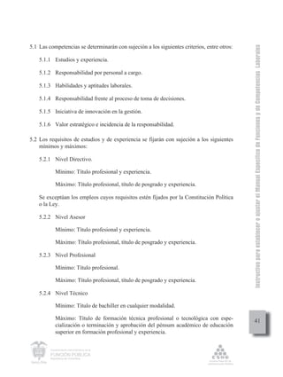 Instructivo para establecer o ajustar el Manual Específico de Funciones y de Competencias Laborales
5.1 Las competencias se determinarán con sujeción a los siguientes criterios, entre otros:

    5.1.1 Estudios y experiencia.

    5.1.2 Responsabilidad por personal a cargo.

    5.1.3 Habilidades y aptitudes laborales.

    5.1.4 Responsabilidad frente al proceso de toma de decisiones.

    5.1.5 Iniciativa de innovación en la gestión.

    5.1.6 Valor estratégico e incidencia de la responsabilidad.

5.2 Los requisitos de estudios y de experiencia se fijarán con sujeción a los siguientes
    mínimos y máximos:

    5.2.1 Nivel Directivo.

            Mínimo: Título profesional y experiencia.

            Máximo: Título profesional, título de posgrado y experiencia.

    Se exceptúan los empleos cuyos requisitos estén fijados por la Constitución Política
    o la Ley.

    5.2.2 Nivel Asesor

            Mínimo: Título profesional y experiencia.

            Máximo: Título profesional, título de posgrado y experiencia.

    5.2.3 Nivel Profesional

            Mínimo: Título profesional.

            Máximo: Título profesional, título de posgrado y experiencia.

    5.2.4 Nivel Técnico

            Mínimo: Título de bachiller en cualquier modalidad.

            Máximo: Título de formación técnica profesional o tecnológica con espe-               41
            cialización o terminación y aprobación del pénsum académico de educación
            superior en formación profesional y experiencia.


         Departamento Administrativo de la

         FUNCIÓN PÚBLICA
         República de Colombia
 
