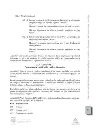 Instructivo para establecer o ajustar el Manual Específico de Funciones y de Competencias Laborales
      13.2.5 Nivel Asistencial

                   13.2.5.1 Para los empleos de los Departamentos, Distritos y Municipios de
                            categorías: Especial, primera, segunda y tercera:
                                     Mínimo: Terminación y aprobación de educación básica primaria.
                                     Máximo: Diploma de bachiller en cualquier modalidad y expe-
                                     riencia.

                   13.2.5.2 Para los empleos pertenecientes a los Distritos y Municipios de
                            categorías cuarta, quinta y sexta:
                                     Mínimo: Terminación y aprobación de tres (3) años de educación
                                     básica primaria.
                                     Máximo: Diploma de bachiller en cualquier modalidad y expe-
                                     riencia.

Artículo 14. Requisitos especiales. Cuando las funciones de un empleo correspondan al
ámbito de las artes, los requisitos de estudio exigibles podrán ser compensados por la
comprobación de experiencia y producción artísticas.

                                      CAPÍTULO CUARTO
                           Nomenclatura, clasificación y código de empleos

Artículo 15. Nomenclatura de empleos. A cada uno de los niveles señalados en el artículo
3º del presente decreto, le corresponde una nomenclatura y clasificación específica de
empleo.

Para el manejo del sistema de nomenclatura y clasificación, cada empleo se identifica con
un código de tres dígitos. El primero señala el nivel al cual pertenece el empleo y los dos
restantes indican la denominación del cargo.

Este código deberá ser adicionado hasta con dos dígitos más que corresponderán a los
grados de asignación básica que las Asambleas y los Concejos les fijen a las diferentes
denominaciones de empleos.

Artículo 16. Nivel Directivo. El Nivel Directivo está integrado por la siguiente nomencla-
tura y clasificación específica de empleos:
Cód. Denominación
005    Alcalde
030    Alcalde Local                                                                                       53
032    Consejero de Justicia


         Departamento Administrativo de la

         FUNCIÓN PÚBLICA
         República de Colombia
 