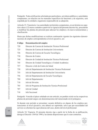Instructivo para establecer o ajustar el Manual Específico de Funciones y de Competencias Laborales


                                                                                                      Parágrafo. Toda certificación solicitada por particulares, servidores públicos y autoridades
                                                                                                      competentes, en relación con los manuales específicos de funciones y de requisitos, será
                                                                                                      expedida por la entidad u organismo responsable de su adopción.

                                                                                                      Artículo 33. Transitorio. Las autoridades territoriales competentes, en un término no supe-
                                                                                                      rior a doce (12) meses contados a partir de la vigencia del presente decreto-ley, procederán
                                                                                                      a modificar las plantas de personal para adecuar los empleos a la nueva nomenclatura y
                                                                                                      clasificación.

                                                                                                      Hasta que dichas modificaciones se realicen continuarán vigentes las siguientes denomi-
                                                                                                      naciones de empleo correspondientes al nivel ejecutivo, así:

                                                                                                      Código    Denominación del empleo
                                                                                                      720       Director de Carrera de Institución Técnica Profesional
                                                                                                      725       Director de Carrera de Institución Universitaria
                                                                                                      726       Director de Carrera de Escuela Tecnológica
                                                                                                      730       Director de Centro
                                                                                                      740       Director de Unidad de Institución Técnica Profesional
                                                                                                      745       Director de Unidad Tecnológica o Unidad Académica
                                                                                                      757       Director o Jefe de Centro de Salud
                                                                                                      750       Jefe de Departamento de Institución Técnica Profesional
                                                                                                      755       Jefe de Departamento de Institución Universitaria
                                                                                                      756       Jefe de Departamento de Escuela Tecnológica
                                                                                                      780       Jefe de Departamento
                                                                                                      710       Jefe de División
                                                                                                      785       Jefe de Programa de Institución Técnica Profesional
                                                                                                      707       Jefe de Unidad
                                                                                                      718       Jefe Seccional

                                                                                                      Parágrafo. Vencido el plazo señalado en este artículo, no podrán existir en las respectivas
                                                                                                      plantas de personal cargos con denominaciones del mencionado nivel jerárquico.

                                                                                                      Si durante este período se presentare vacante definitiva en alguno de los empleos per-
                                                                                                      tenecientes al nivel ejecutivo, este deberá ser suprimido, salvo que por necesidades del
                                                                                                      servicio se efectúen las equivalencias del caso, dentro del nivel profesional.
         68
                                                                                                      Artículo 34. Vigencia. El presente decreto rige a partir de la fecha de su publicación,
                                                                                                      deroga el Decreto 1569 de 1998 y las demás disposiciones que le sean contrarias.


                                                                                                                                                                      Departamento Administrativo de la

                                                                                                                                                                      FUNCIÓN PÚBLICA
                                                                                                                                                                              República de Colombia
 