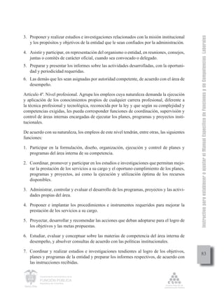 Instructivo para establecer o ajustar el Manual Específico de Funciones y de Competencias Laborales
3. Proponer y realizar estudios e investigaciones relacionados con la misión institucional
   y los propósitos y objetivos de la entidad que le sean confiados por la administración.

4. Asistir y participar, en representación del organismo o entidad, en reuniones, consejos,
   juntas o comités de carácter oficial, cuando sea convocado o delegado.
5. Preparar y presentar los informes sobre las actividades desarrolladas, con la oportuni-
   dad y periodicidad requeridas.
6. Las demás que les sean asignadas por autoridad competente, de acuerdo con el área de
   desempeño.

Artículo 4º. Nivel profesional. Agrupa los empleos cuya naturaleza demanda la ejecución
y aplicación de los conocimientos propios de cualquier carrera profesional, diferente a
la técnica profesional y tecnológica, reconocida por la ley y que según su complejidad y
competencias exigidas, les pueda corresponder funciones de coordinación, supervisión y
control de áreas internas encargadas de ejecutar los planes, programas y proyectos insti-
tucionales.

De acuerdo con su naturaleza, los empleos de este nivel tendrán, entre otras, las siguientes
funciones:

1. Participar en la formulación, diseño, organización, ejecución y control de planes y
   programas del área interna de su competencia.

2. Coordinar, promover y participar en los estudios e investigaciones que permitan mejo-
   rar la prestación de los servicios a su cargo y el oportuno cumplimiento de los planes,
   programas y proyectos, así como la ejecución y utilización óptima de los recursos
   disponibles.

3. Administrar, controlar y evaluar el desarrollo de los programas, proyectos y las activi-
   dades propias del área.

4. Proponer e implantar los procedimientos e instrumentos requeridos para mejorar la
   prestación de los servicios a su cargo.

5. Proyectar, desarrollar y recomendar las acciones que deban adoptarse para el logro de
   los objetivos y las metas propuestas.

6. Estudiar, evaluar y conceptuar sobre las materias de competencia del área interna de
   desempeño, y absolver consultas de acuerdo con las políticas institucionales.

7. Coordinar y realizar estudios e investigaciones tendientes al logro de los objetivos,
                                                                                                    83
   planes y programas de la entidad y preparar los informes respectivos, de acuerdo con
   las instrucciones recibidas.


         Departamento Administrativo de la

         FUNCIÓN PÚBLICA
         República de Colombia
 