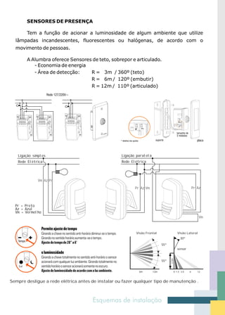 SENSORES DE PRESENÇA

       Tem a função de acionar a luminosidade de algum ambiente que utilize
  lâmpadas incandescentes, fluorescentes ou halógenas, de acordo com o
  movimento de pessoas.

       A Alumbra oferece Sensores de teto, sobrepor e articulado.
          - Economia de energia
          - Área de detecção:    R = 3m / 360º (teto)
                                 R = 6m / 120º (embutir)
                                 R = 12m / 110º (articulado)




                                                 a
                                           alumbr




   Ligação simples                                   Ligação paralela
   Rede Elétrica                                     Rede Elétrica




             Vm Az Pr

                                                            Pr Az Vm                                       Pr Az



  Pr = Preto
  Az = Azul
  Vm = Vermelho
                                                                                                              Vm



                                                            Visão Frontal                     Visão Lateral
                                                                                                30º

                                                                              55º
                                                                                              sensor
                                                                                    2.5m




                                                                              55º


                                                              6m        12m                0 1.5 3.0   6      12



Sempre desligue a rede elétrica antes de instalar ou fazer qualquer tipo de manutenção .
 