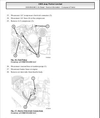 23. Disconnect A/C compressor electrical connector (2).
24. Disconnect A/C lines (4) at the compressor.
25. Remove A/C compressor (3).
Fig. 16: Fuel Pump
Courtesy of CHRYSLER LLC
26. Disconnect vacuum hose at tandem pump (1).
27. Disconnect heater hoses at engine.
28. Remove air inlet tube from throttle body.
Fig. 17: Starter Electrical Connections
Courtesy of CHRYSLER LLC
2009 Jeep Patriot Limited
2009 ENGINE 2.0L Diesel - Service Information - Compass & Patriot
a
Saturday, September 08, 2012 12:56:40 PM Page 12 © 2006 Mitchell Repair Information Company, LLC.
 