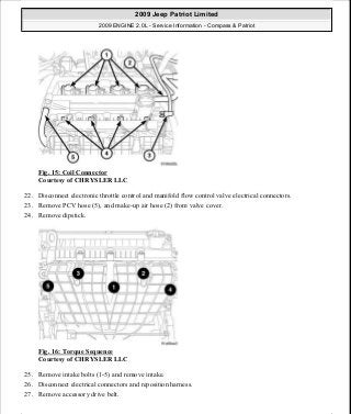 Fig. 15: Coil Connector
Courtesy of CHRYSLER LLC
22. Disconnect electronic throttle control and manifold flow control valve electrical connectors.
23. Remove PCV hose (5), and make-up air hose (2) from valve cover.
24. Remove dipstick.
Fig. 16: Torque Sequence
Courtesy of CHRYSLER LLC
25. Remove intake bolts (1-5) and remove intake.
26. Disconnect electrical connectors and reposition harness.
27. Remove accessory drive belt.
2009 Jeep Patriot Limited
2009 ENGINE 2.0L - Service Information - Compass & Patriot
a
Saturday, September 08, 2012 1:30:14 PM Page 20 © 2006 Mitchell Repair Information Company, LLC.
 
