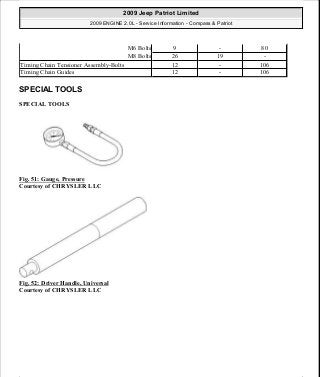 SPECIAL TOOLS
SPECIAL TOOLS
Fig. 51: Gauge, Pressure
Courtesy of CHRYSLER LLC
Fig. 52: Driver Handle, Universal
Courtesy of CHRYSLER LLC
M6 Bolts 9 - 80
M8 Bolts 26 19 -
Timing Chain Tensioner Assembly-Bolts 12 - 106
Timing Chain Guides 12 - 106
2009 Jeep Patriot Limited
2009 ENGINE 2.0L - Service Information - Compass & Patriot
a
Saturday, September 08, 2012 1:30:14 PM Page 45 © 2006 Mitchell Repair Information Company, LLC.
 