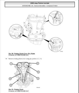 Fig. 90: Timing Chain Cover Pry Points
Courtesy of CHRYSLER LLC
34. Remove timing chain cover using pry points (1, 2, 3).
Fig. 91: Timing Chain
Courtesy of CHRYSLER LLC
2009 Jeep Patriot Limited
2009 ENGINE 2.0L - Service Information - Compass & Patriot
a
Saturday, September 08, 2012 1:30:14 PM Page 66 © 2006 Mitchell Repair Information Company, LLC.
 
