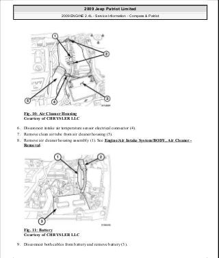 Fig. 10: Air Cleaner Housing
Courtesy of CHRYSLER LLC
6. Disconnect intake air temperature sensor electrical connector (4).
7. Remove clean air tube from air cleaner housing (5).
8. Remove air cleaner housing assembly (1). See Engine/Air Intake System/BODY, Air Cleaner -
Removal.
Fig. 11: Battery
Courtesy of CHRYSLER LLC
9. Disconnect both cables from battery and remove battery (3).
2009 Jeep Patriot Limited
2009 ENGINE 2.4L - Service Information - Compass & Patriot
a
Saturday, September 08, 2012 1:27:51 PM Page 17 © 2006 Mitchell Repair Information Company, LLC.
 
