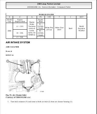 AIR INTAKE SYSTEM
AIR CLEANER
Removal
REMOVAL
Fig. 72: Air Cleaner Inlet
Courtesy of CHRYSLER LLC
1. Turn lock retainers (5) and remove fresh air inlet (2) from air cleaner housing (1).
WORLD ENGINE
8 C A P1 339 7 1 0217
Model
Year
Engine
Displacement Engine
Build
Variation
(with oil
cooler,
turbo, for
MMNA)
Engine
Plant
Julian Day
of Year
Julian Year
2007
Shift
Build
Sequence
Number2008
A = 1.8L
P1 =
GEMA
North
B = 2.0L
P2 =
GEMA
South
C = 2.4L -
2009 Jeep Patriot Limited
2009 ENGINE 2.4L - Service Information - Compass & Patriot
a
Saturday, September 08, 2012 1:27:51 PM Page 54 © 2006 Mitchell Repair Information Company, LLC.
 