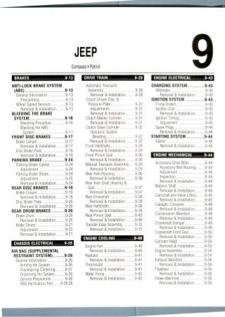 JEEP
Compass • Patriot
BRAKES .9-131 DRIVE TRAIN.. .9-28 • ENGINE ELECTRICAL 9-43
ANTI-LOCK BRAKE SYSTEM
(ABS) 9-13
General Information 9-13
Precautions 9-13
Wheel Speed Sensors 9-13
Removal & Installation 9-13
BLEEDING THE BRAKE
SYSTEM 9-16
Bleeding Procedure 9-16
Bleeding the ABS
System 9-17
FRONT DISC BRAKES 9-17
Brake Caliper 9-17
Removal & Installation 9-17
Disc Brake Pads 9-18
Removal & Installation 9-18
PARKING BRAKE 9-24
Parking Brake Cables 9-24
Adjustment 9-24
Parking Brake Shoes 9-24
Adjustment 9-25
Removal & Installation 9-24
REAR DISC BRAKES 9-19
Brake Caliper 9-19
Removal & Installation 9-19
Disc Brake Pads 9-20
Removal & Installation 9-20
REAR DRUM BRAKES 9-20
Brake Drum 9-20
Removal & Installation 9-20
Brake Shoes 9-21
Adjustment 9-22
Removal & Installation 9-21
CHASSIS ELECTRICAL 9-26
AIR BAG (SUPPLEMENTAL
RESTRAINT SYSTEM) 9-26
General Information 9-26
Arming the System 9-26
Clockspring Centering 9-27
Disarming the System 9-26
Service Precautions 9-26
SRS Verification Test 9-26,28
Automatic Transaxle
Assembly 9-28
Removal & Installation 9-28
Clutch Driven Disc &
Pressure Plate 9-31
Adjustments 9-31
Removal & Installation 9-31
Clutch Master Cylinder 9-31
Removal & Installation 9-31
Clutch Slave Cylinder 9-32
Hydraulic System
Bleeding 9-32
Removal & Installation 9-32
Front Halfshafts 9-34
Removal & Installation 9-34
Front Pinion Seal 9-36
Removal & Installation 9-36
Manual Transaxle Assembly 9-29
Removal & Installation 9-29
Rear Axle Housing 9-36
Removal & Installation 9-36
Rear Axle Shaft, Bearing &
Seal 9-37
Removal & Installation 9-37
Rear Driveshaft 9-39
Removal & Installation 9-39
Rear Halfshafts 9-39
Removal & Installation 9-39
Rear Pinion Seal 9-40
Removal & Installation 9-40
Transfer Case Assembly 9-33
Removal & Installation 9-33
ENGINE COOLING 9-40
Engine Fan 9-40
Removal & Installation 9-40
Radiator 9-41
Removal & Installation 9-41
Thermostat 9-41
Removal & Installation 9-41
Water Pump 9-42
Removal & Installation 9-42
CHARGING SYSTEM 9-43
Alternator 9-43
Removal & Installation 9-43
IGNITION SYSTEM 9-43
Firing Orders 9-43
Ignition Coil 9-43
Removal & Installation 9-43
Ignition Timing 9-43
Adjustment 9-43
Sparkplugs 9-44
Removal & Installation 9-44
STARTING SYSTEM 9-44
Starter 9-44
Removal & Installation 9-44
ENGINE MECHANICAL 9-44
Accessory Drive Belts 9-44
Accessory Belt Routing 9-44
Adjustment 9-44
Inspection 9-44
Removal & Installation 9-44
Balance Shaft 9-44
Removal & Installation 9-44
Camshaft and Valve Lifters 9-45
Removal & Installation 9-45
Catalytic Converter 9-48
Removal & Installation 9-48
Combination Manifold 9-49
Removal & Installation 9-49
Crankshaft Damper 9-49
Removal & Installation 9-49
Crankshaft Front Seal 9-50
Removal & Installation 9-50
Cylinder Head 9-50
Removal & Installation 9-50
Engine Assembly 9-54
Removal & Installation 9-54
Exhaust Manifold 9-56
Removal & Installation 9-56
Flywheel 9-56
Removal & Installation 9-56
Intake Manifold 9-56
Removal & Installation 9-56
 