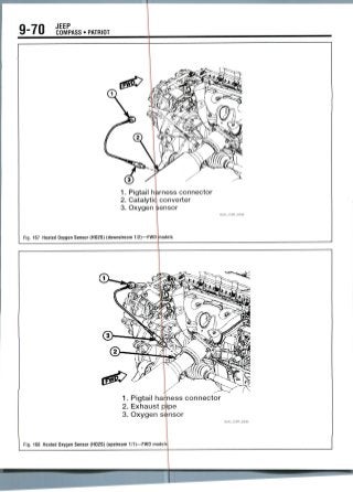 9-70 JEEP
1. Pigtail harness connector
2. Catalytic! converter
3. Oxygen sensor
36543_COMP_G0098
Fig. 167 Heated Oxygen Sensor (H02S) (downstream 1/2)—FWD models
sas^nwi-asa^
1. Pigtail harness connector
2. Exhaust pipe
3. Oxygen sensor
Fig. 168 Heated Oxygen Sensor (H02S) (upstream 1/1)—FWD models;
 