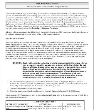 There are two methods by which an airbag or seat belt tensioner may be connected to the vehicle electrical
system. The first method involves a short pigtail harness and connector insulator that are integral to the airbag
or tensioner unit and are replaced as a unit with the service replacement airbag or seat belt tensioner unit. The
second method involves a wire harness takeout and connector insulator (squib circuits) that are connected
directly to the air bag or tensioner initiator. The heat created by the initiator during an airbag or tensioner
deployment will cause collateral damage to a directly connected wire harness take out and connector insulator.
Therefore, these direct-connect type take outs and connector insulators must be repaired following an airbag or
seat belt tensioner deployment. See Restraints - Standard Procedure.
All other vehicle components should be closely inspected following any SRS component deployment, but are to
be replaced only as required by the extent of the visible damage incurred.
AIRBAG SQUIB STATUS
Multistage airbags with multiple initiators (squibs) must be checked to determine that all squibs were used
during the deployment event. The driver and passenger airbags in this vehicle are deployed by electrical signals
generated by the Occupant Restraint Controller (ORC) through the driver or passenger squib 1 and squib 2
circuits to the two initiators in the airbag inflators. Typically, both initiators are used and all potentially
hazardous chemicals are burned during an airbag deployment event. However, it is possible for only one
initiator to be used; therefore, it is always necessary to confirm that both initiators have been used in order to
avoid the improper handling or disposal of potentially live pyrotechnic or hazardous materials. The following
procedure should be performed using a diagnostic scan tool to verify the status of both airbag squibs before
either deployed airbag is removed from the vehicle for disposal.
1. Be certain that the diagnostic scan tool contains the latest version of the proper diagnostic software.
Connect the scan tool to the 16-way Data Link Connector (DLC). The DLC is located on the driver side
lower edge of the instrument panel, outboard of the steering column.
2. Turn the ignition switch to the ON position.
3. Using the scan tool, read and record the active (current) Diagnostic Trouble Code (DTC) data.
Using the active DTC information, refer to the Airbag Squib Status table to determine the status of both driver
and passenger airbag squibs.
CAUTION: Deployed front airbags having two initiators (squibs) in the airbag inflator
may or may not have live pyrotechnic material within the inflator. Do not
dispose of these airbags unless you are certain of complete deployment.
Refer to the Hazardous Substance Control System for information
regarding the potentially hazardous properties of the subject component
and the proper safe handling procedures. Then dispose of all non-
deployed and deployed airbags and seat belt tensioners in a manner
consistent with state, provincial, local and federal regulations.
AIRBAG SQUIB STATUS
IF THE ACTIVE DTC IS: CONDITIONS SQUIB STATUS
Driver or Passenger Squib 1
open
AND the stored DTC minutes for both Driver
or Passenger squibs are within 15 minutes of
Both Squib 1 and 2 were
used.
2009 Jeep Patriot Limited
2009 RESTRAINTS Service Information - Compass & Patriot
a
Saturday, September 08, 2012 1:48:17 PM Page 10 © 2006 Mitchell Repair Information Company, LLC.
 