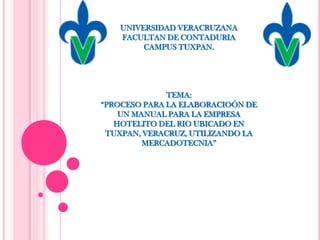 UNIVERSIDAD VERACRUZANA
   FACULTAN DE CONTADURIA
        CAMPUS TUXPAN.




              TEMA:
“PROCESO PARA LA ELABORACIOÓN DE
    UN MANUAL PARA LA EMPRESA
   HOTELITO DEL RIO UBICADO EN
 TUXPAN, VERACRUZ, UTILIZANDO LA
         MERCADOTECNIA”
 