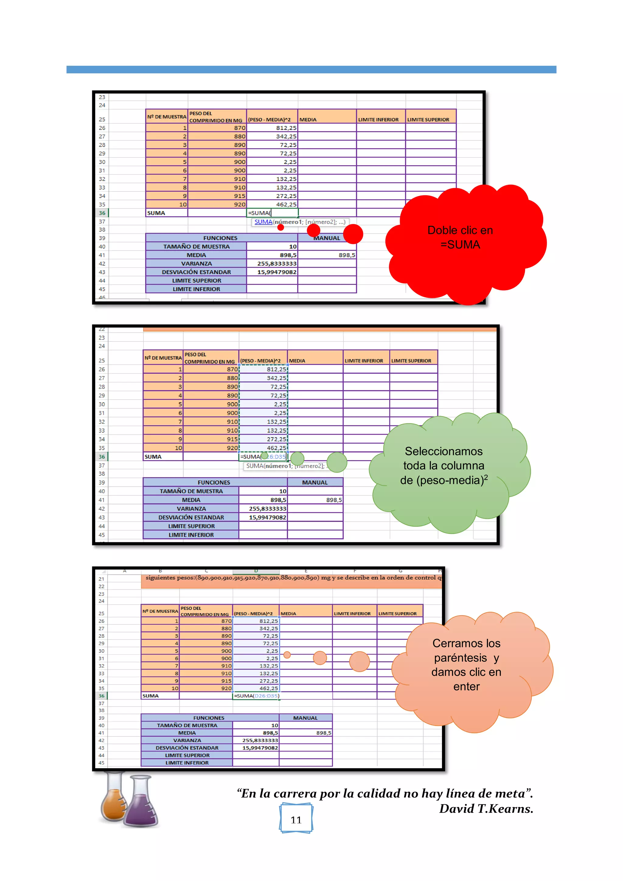 [TÍTULO DEL DOCUMENTO]
“En la carrera por la calidad no hay línea de meta”.
David T.Kearns.
11
Doble clic en
=SUMA
Seleccionamos
toda la columna
de (peso-media)2
Cerramos los
paréntesis y
damos clic en
enter
 