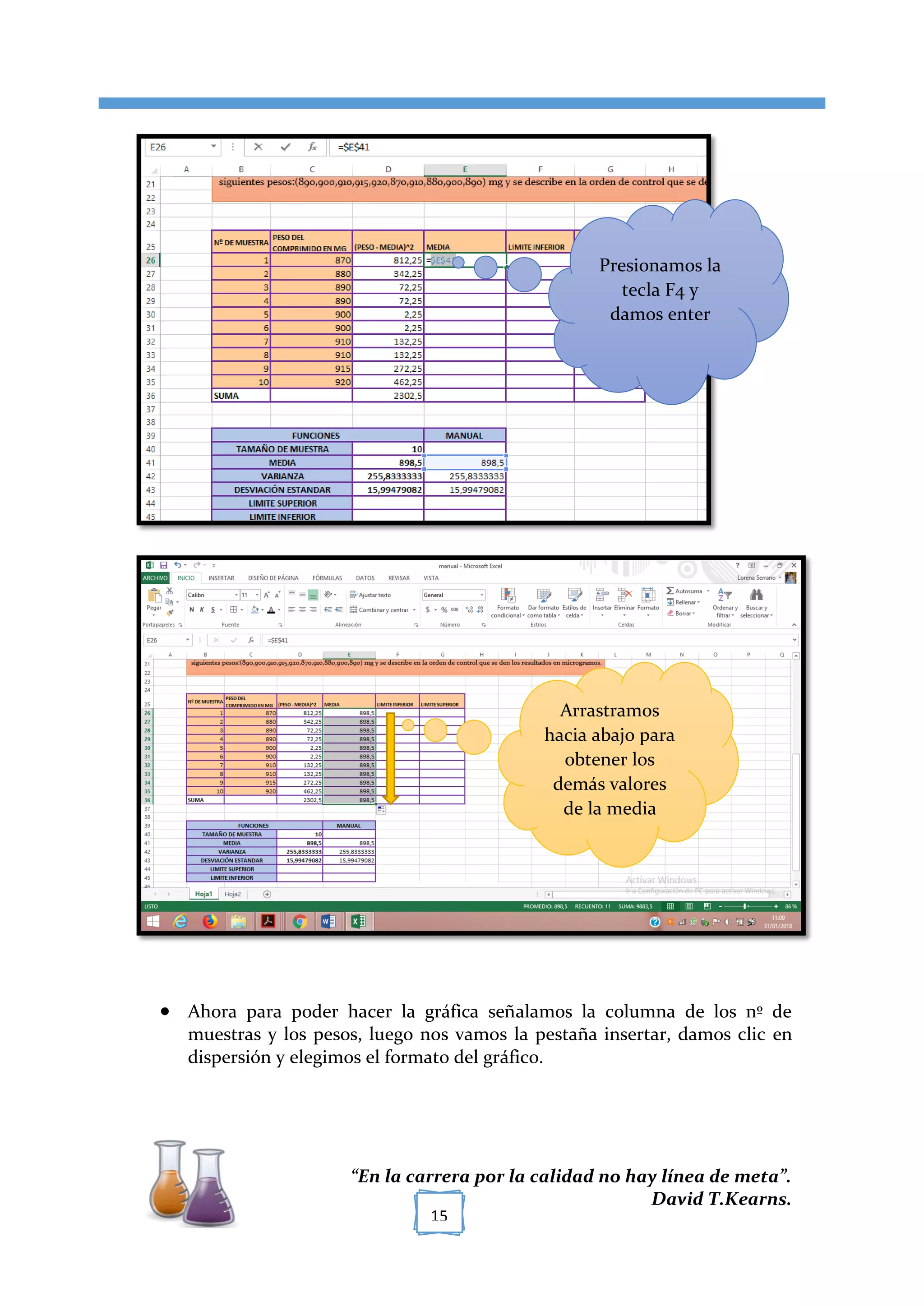 [TÍTULO DEL DOCUMENTO]
“En la carrera por la calidad no hay línea de meta”.
David T.Kearns.
15
 Ahora para poder hacer la gráfica señalamos la columna de los nº de
muestras y los pesos, luego nos vamos la pestaña insertar, damos clic en
dispersión y elegimos el formato del gráfico.
Presionamos la
tecla F4 y
damos enter
Arrastramos
hacia abajo para
obtener los
demás valores
de la media
 