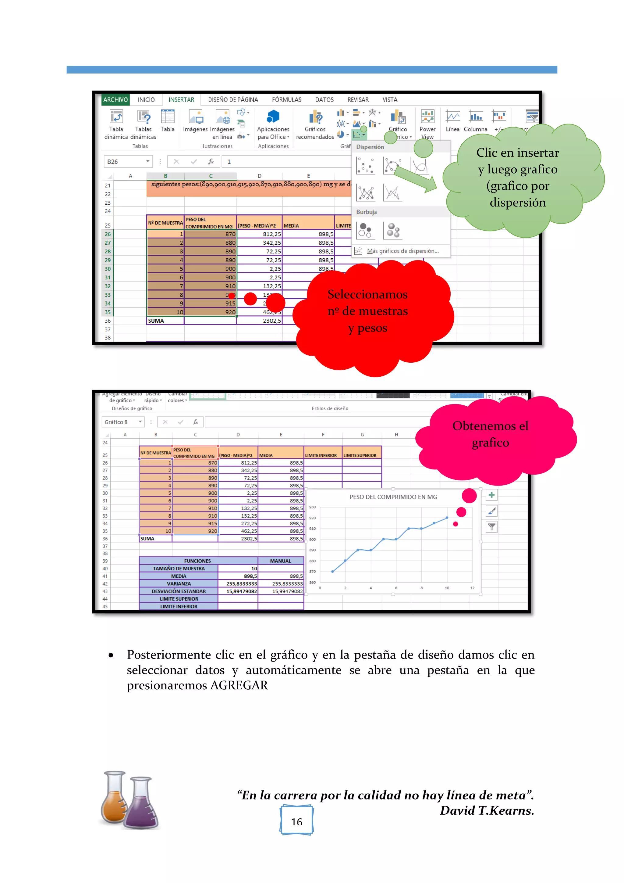 [TÍTULO DEL DOCUMENTO]
“En la carrera por la calidad no hay línea de meta”.
David T.Kearns.
16
 Posteriormente clic en el gráfico y en la pestaña de diseño damos clic en
seleccionar datos y automáticamente se abre una pestaña en la que
presionaremos AGREGAR
Seleccionamos
nº de muestras
y pesos
Clic en insertar
y luego grafico
(grafico por
dispersión
Obtenem0s el
grafico
 