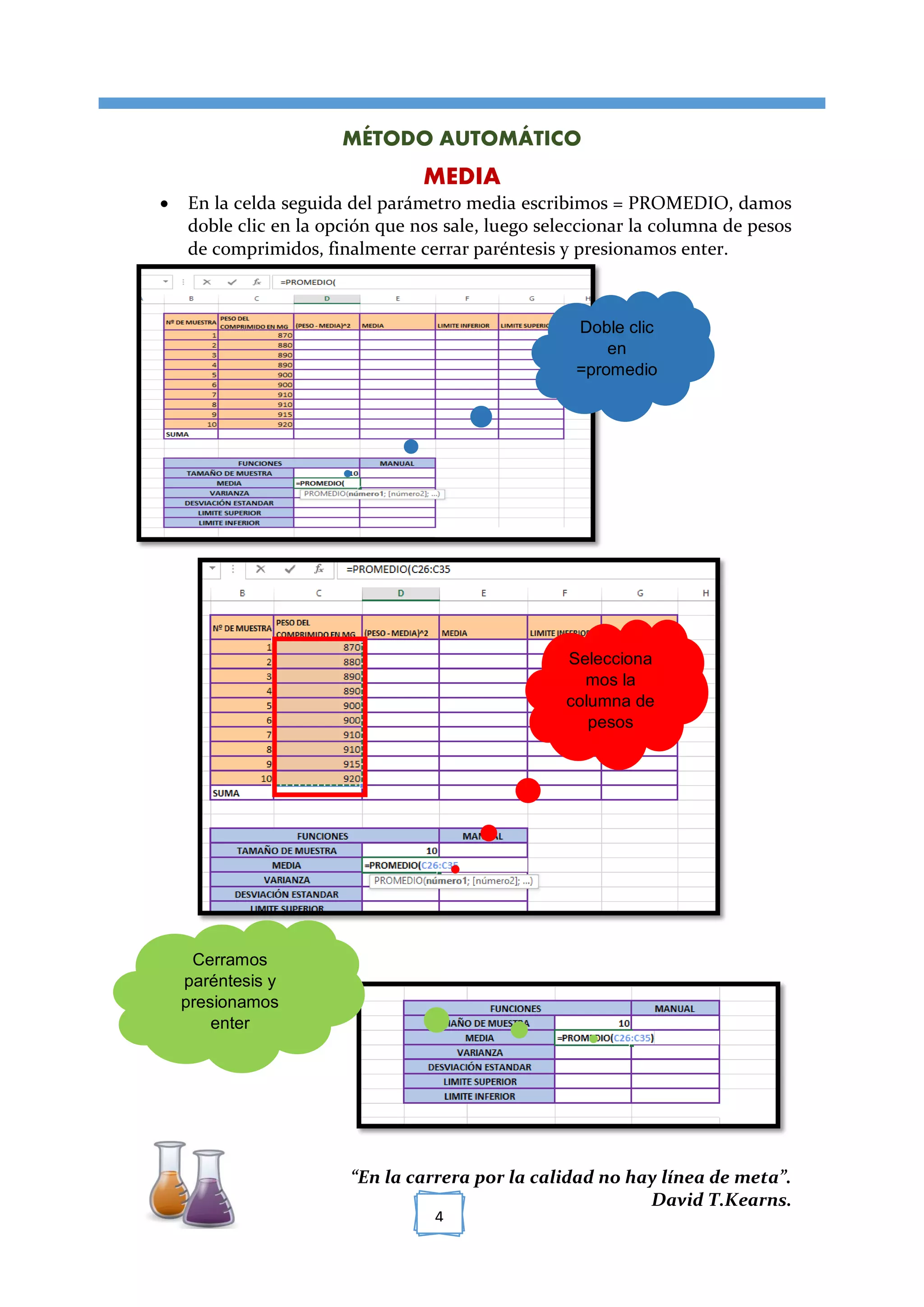 [TÍTULO DEL DOCUMENTO]
“En la carrera por la calidad no hay línea de meta”.
David T.Kearns.
4
MÉTODO AUTOMÁTICO
MEDIA
 En la celda seguida del parámetro media escribimos = PROMEDIO, damos
doble clic en la opción que nos sale, luego seleccionar la columna de pesos
de comprimidos, finalmente cerrar paréntesis y presionamos enter.
Doble clic
en
=promedio
Selecciona
mos la
columna de
pesos
Cerramos
paréntesis y
presionamos
enter
 