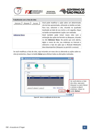 Trabalhando com a lista de sites
                                                         Você pode modificar a ação sobre um determinado
                                                         site da lista apresentada, utilizando os botões ao lado.
                                                         Para isso, selecione o site, clicando no quadrado
                                                         localizado ao lado de seu nome e, em seguida, clique
                                                         no botão correspondente à ação a ser realizada.
                                                         Você também pode incluir novos sites com a
                                                         atribuição das ações de Permitir ou Bloquear, clicando
                                                         no link Adicionar Novo. Na janela que será aberta,
                                                         digite o nome do site, seu endereço na Internet e
                                                         selecione o tipo de ação que o BlueLab WebCache
                                                         deve desempenhar (bloquear ou permitir o acesso).

          Se você modificou a lista de sites, seja incluindo um novo site ou alterando as ações sobre os
          sites já existentes, clique no botão Salvar para efetivar todas as alterações realizadas.




                                                                                                 Se você alterou a lista
                                                                                                 dos sites, seja para
                                                                                                 bloquear ou para liberar
                                                                                                 o acesso a algum
                                                                                                 endereço, clique no
                                                                                                 botão Salvar.



                                         Figura 69 - Salvar as modificações da lista de sites




          Manual do Gerenciado da Sala de Internet – BlueControl
          ©Copyright 2008 – 2009 | Manual produzido por FDE/MStech®
FDE – A escola em 1º lugar                                                                                          61
 