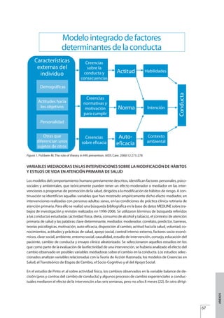 VARIABLES MEDIADORAS EN LAS INTERVENCIONES SOBRE LA MODIFICACIÓN DE HÁBITOS
Y ESTILOS DE VIDA EN ATENCIÓN PRIMARIA DE SALUD
Los modelos del comportamiento humano previamente descritos, identifican factores personales, psico-
sociales y ambientales, que teóricamente pueden tener un efecto moderador o mediador en las inter-
venciones o programas de promoción de la salud, dirigidos a la modificación de hábitos de riesgo. A con-
tinuación se identifican aquellas variables que han mostrado empíricamente dicho efecto mediador, en
intervenciones realizadas con personas adultas sanas, en las condiciones de práctica clínica rutinaria de
atención primaria. Para ello se realizó una búsqueda bibliográfica en la base de datos MEDLINE sobre tra-
bajos de investigación y revisión realizados en 1996-2006. Se utilizaron términos de búsqueda referidos
a las conductas estudiadas (actividad física, dieta, consumo de alcohol y tabaco), el contexto de atención
primaria de salud y las palabras clave determinante, mediador, moderador, correlato, predictor, barreras,
teorías psicológicas, motivación, auto-eficacia, disposición al cambio, actitud hacia la salud, voluntad, co-
nocimientos, actitudes y prácticas de salud, apoyo social, control interno-externo, factores socio-econó-
micos, clase social, ambiente, entorno social, causalidad, estudio de intervención, consejo, educación del
paciente, cambio de conducta y ensayo clínico aleatorizado. Se seleccionaron aquellos estudios en los
que como parte de la evaluación de la efectividad de una intervención, se hubiera analizado el efecto del
cambio observado en posibles variables mediadoras sobre el cambio en la conducta. Los estudios selec-
cionados analizan variables relacionadas con la Teoría de Acción Razonada, los modelos de Creencias en
Salud, el Transteórico de Etapas de Cambio, el Socio-Cognitivo y el del Apoyo Social.
En el estudio de Pinto et al sobre actividad física, los cambios observados en la variable balance de de-
cisión (pros y contras del cambio de conducta) y algunos procesos de cambio experienciales o conduc-
tuales mediaron el efecto de la intervencón a las seis semanas, pero no a los 8 meses (22). En otro dirigi-
67
ANEXOS
Estrategias Utiles.qxd:Consejo Genético.qxd 15/9/08 12:47 Página 67
 