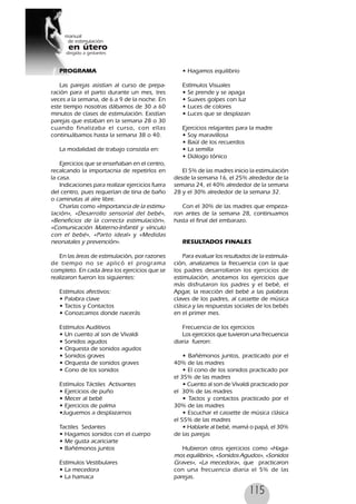 115
PROGRAMA
Las parejas asistían al curso de prepa-
ración para el parto durante un mes, tres
veces a la semana, de 6 a 9 de la noche. En
este tiempo nosotras dábamos de 30 a 60
minutos de clases de estimulación. Existían
parejas que estaban en la semana 28 o 30
cuando finalizaba el curso, con ellas
continuábamos hasta la semana 38 o 40.
La modalidad de trabajo consistía en:
Ejercicios que se enseñaban en el centro,
recalcando la importacnia de repetirlos en
la casa.
Indicaciones para realizar ejercicios fuera
del centro, pues requerían de tina de baño
o caminatas al aíre libre.
Charlas como «Importancia de la estimu-
lación», «Desarrollo sensorial del bebé»,
«Beneficios de la correcta estimulación»,
«Comunicación Materno-Infantil y vínculo
con el bebé», «Parto ideal» y «Medidas
neonatales y prevención».
En las áreas de estimulación, por razones
de tiempo no se aplicó el programa
completo. En cada área los ejercicios que se
realizaron fueron los siguientes:
Estímulos afectivos:
• Palabra clave
• Tactos y Contactos
• Conozcamos donde nacerás
Estímulos Auditivos
• Un cuento al son de Vivaldi
• Sonidos agudos
• Orquesta de sonidos agudos
• Sonidos graves
• Orquesta de sonidos graves
• Cono de los sonidos
Estímulos Táctiles Activantes
• Ejercicios de puño
• Mecer al bebé
• Ejercicios de palma
•Juguemos a desplazarnos
Tactiles Sedantes
• Hagamos sonidos con el cuerpo
• Me gusta acariciarte
• Bañémonos juntos
Estímulos Vestibulares
• La mecedora
• La hamaca
• Hagamos equilibrio
Estímulos Visuales
• Se prende y se apaga
• Suaves golpes con luz
• Luces de colores
• Luces que se desplazan
Ejercicios relajantes para la madre
• Soy maravillosa
• Baúl de los recuerdos
• La semilla
• Diálogo tónico
El 5% de las madres inicio la estimulación
desde la semana 16, el 25% alrededor de la
semana 24, el 40% alrededor de la semana
28 y el 30% alrededor de la semana 32.
Con el 30% de las madres que empeza-
ron antes de la semana 28, continuamos
hasta el final del embarazo.
RESULTADOS FINALES
Para evaluar los resultados de la estimula-
ción, analizamos la frecuencia con la que
los padres desarrollaron los ejercicios de
estimulación, anotamos los ejercicios que
más disfrutaron los padres y el bebé, el
Apgar, la reacción del bebé a las palabras
claves de los padres, al cassette de música
clásica y las respuestas sociales de los bebés
en el primer mes.
Frecuencia de los ejercicios
Los ejercicios que tuvieron una frecuencia
diaria fueron:
• Bañémonos juntos, practicado por el
40% de las madres
• El cono de los sonidos practicado por
el 35% de las madres
• Cuento al son de Vivaldi practicado por
el 30% de las madres
• Tactos y contactos practicado por el
30% de las madres
• Escuchar el cassette de música clásica
el 55% de las madres
• Hablarle al bebé, mamá o papá, el 30%
de las parejas
Hubieron otros ejercicios como «Haga-
mos equilibrio», «Sonidos Agudos», «Sonidos
Graves», «La mecedora», que practicaron
con una frecuencia diaria el 5% de las
parejas.
 
